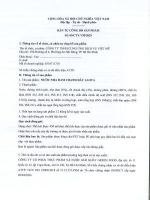 Giấy chứng nhận Nước Nha Đam Chanh Dây